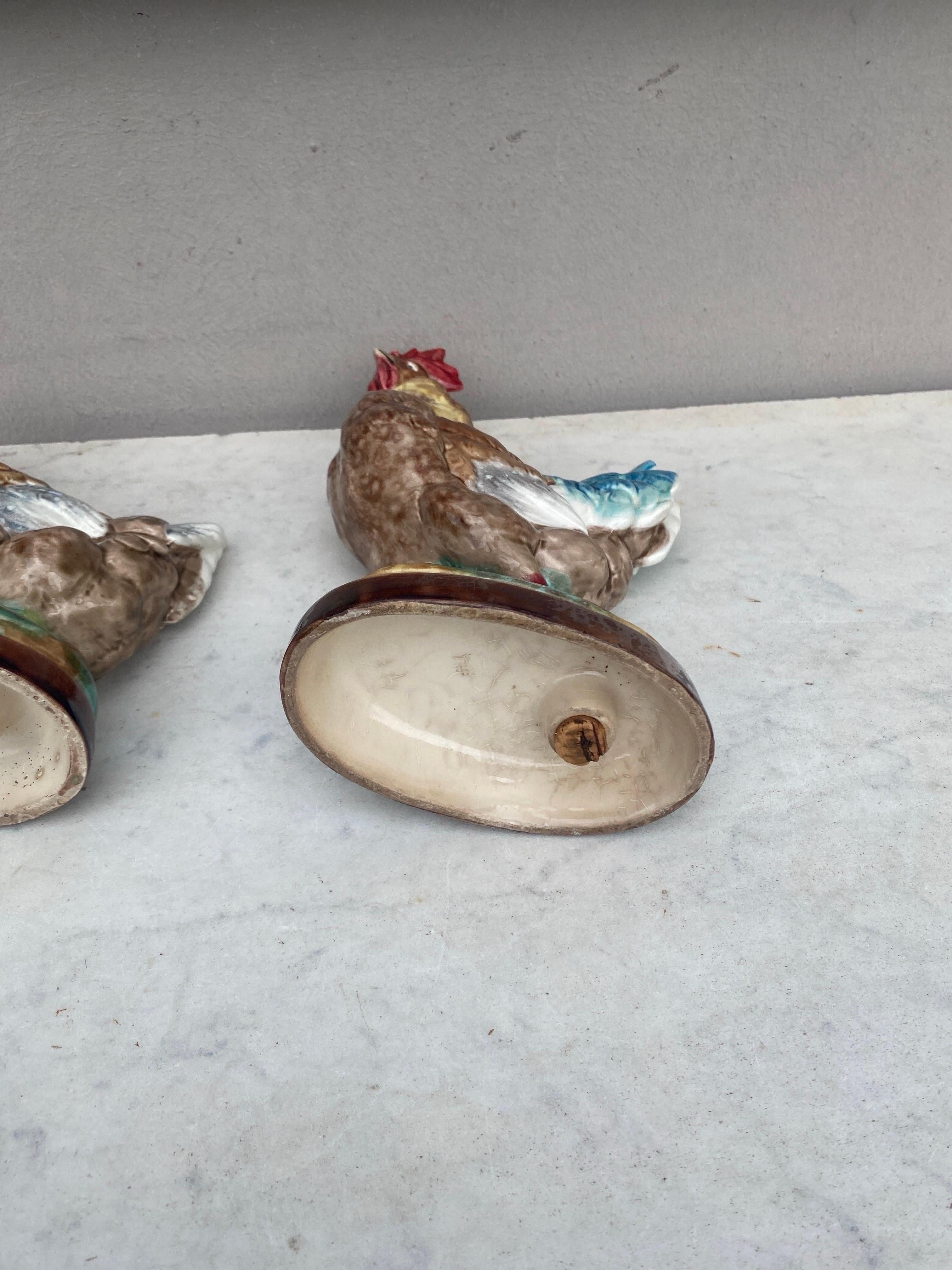 Pair of French Majolica Rooster & Hen Circa 1890 For Sale 2