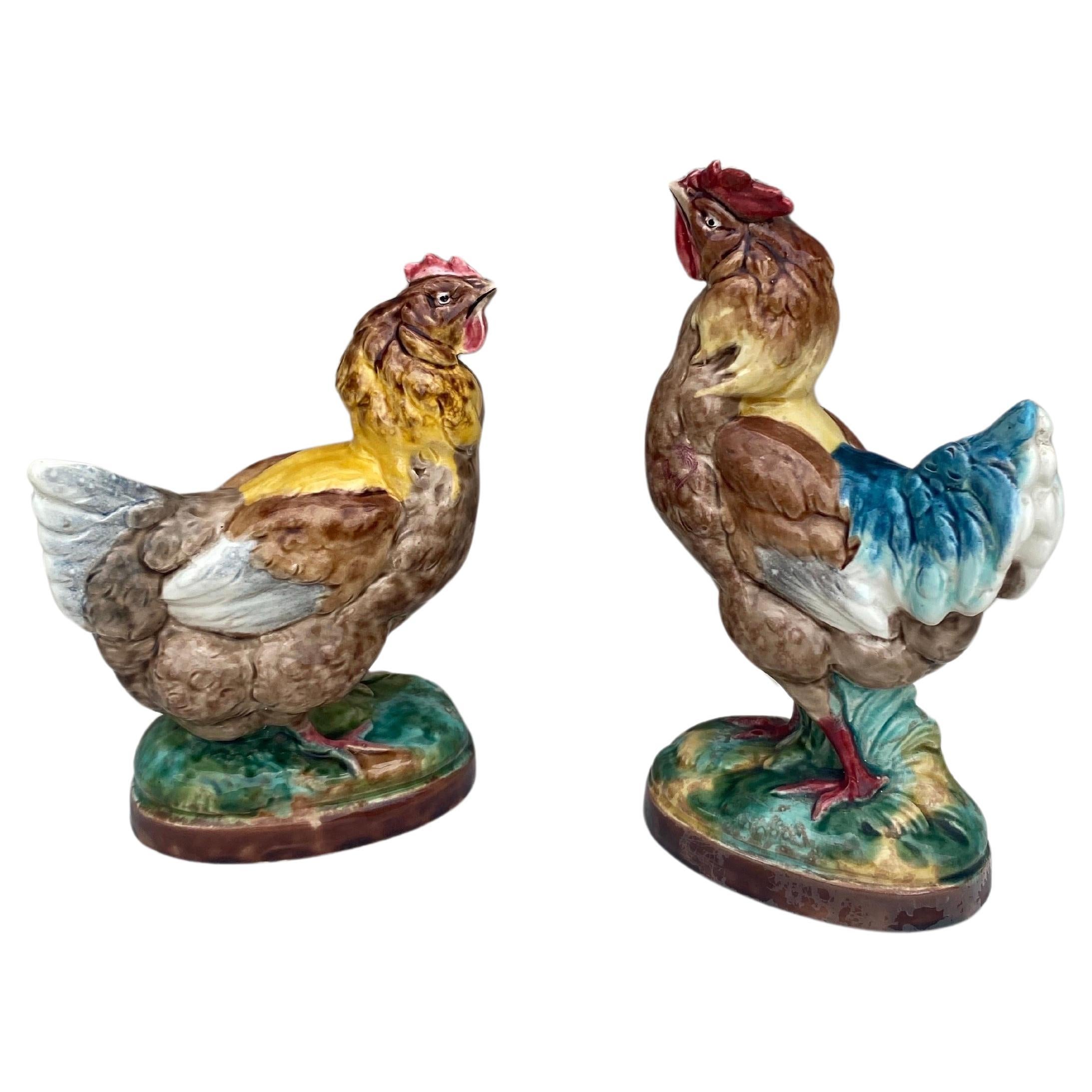 Pair of French Majolica Rooster & Hen Circa 1890 For Sale