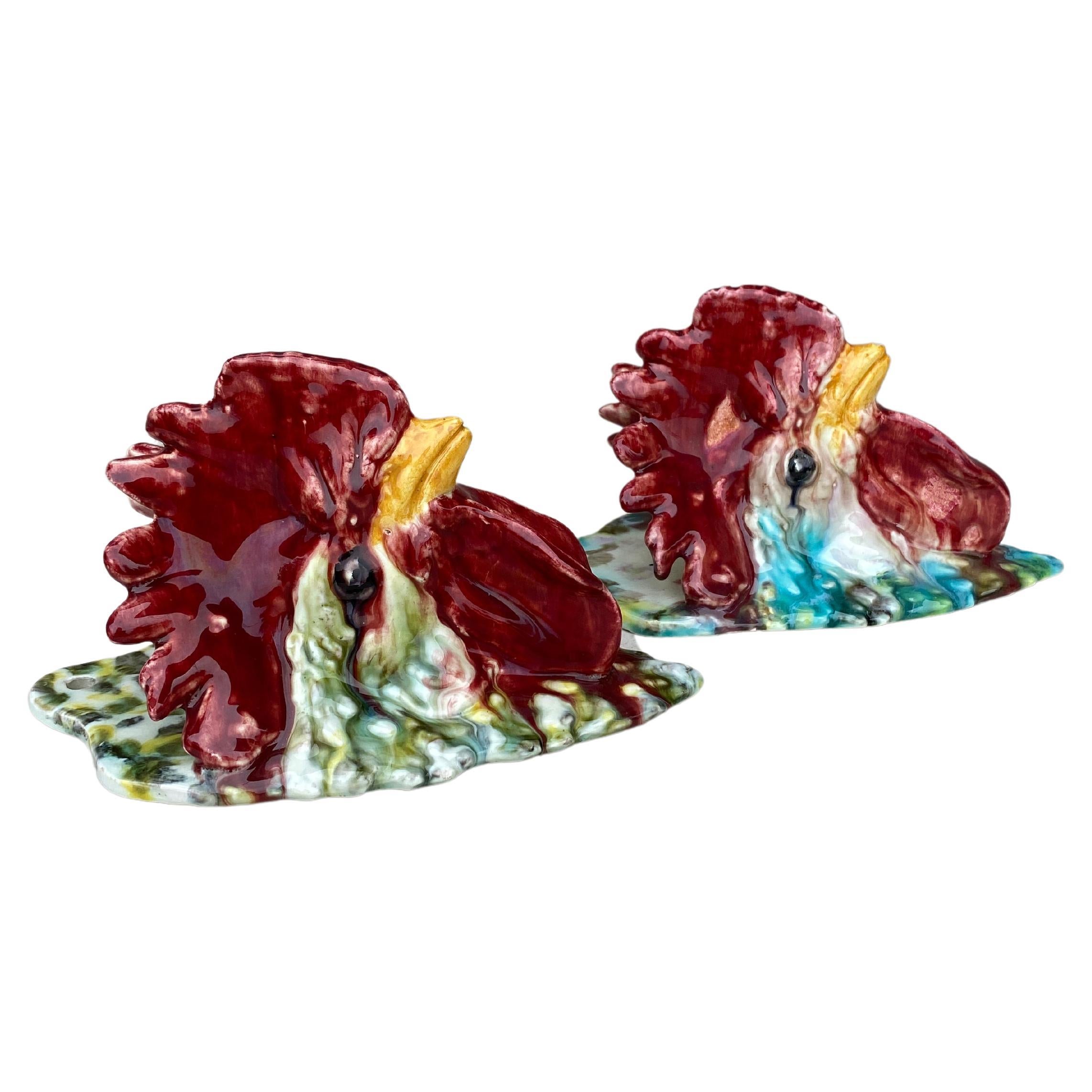 Pair of French Majolica Roosters Wall Pockets, circa 1920 For Sale