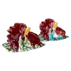 Pair of French Majolica Roosters Wall Pockets, circa 1920