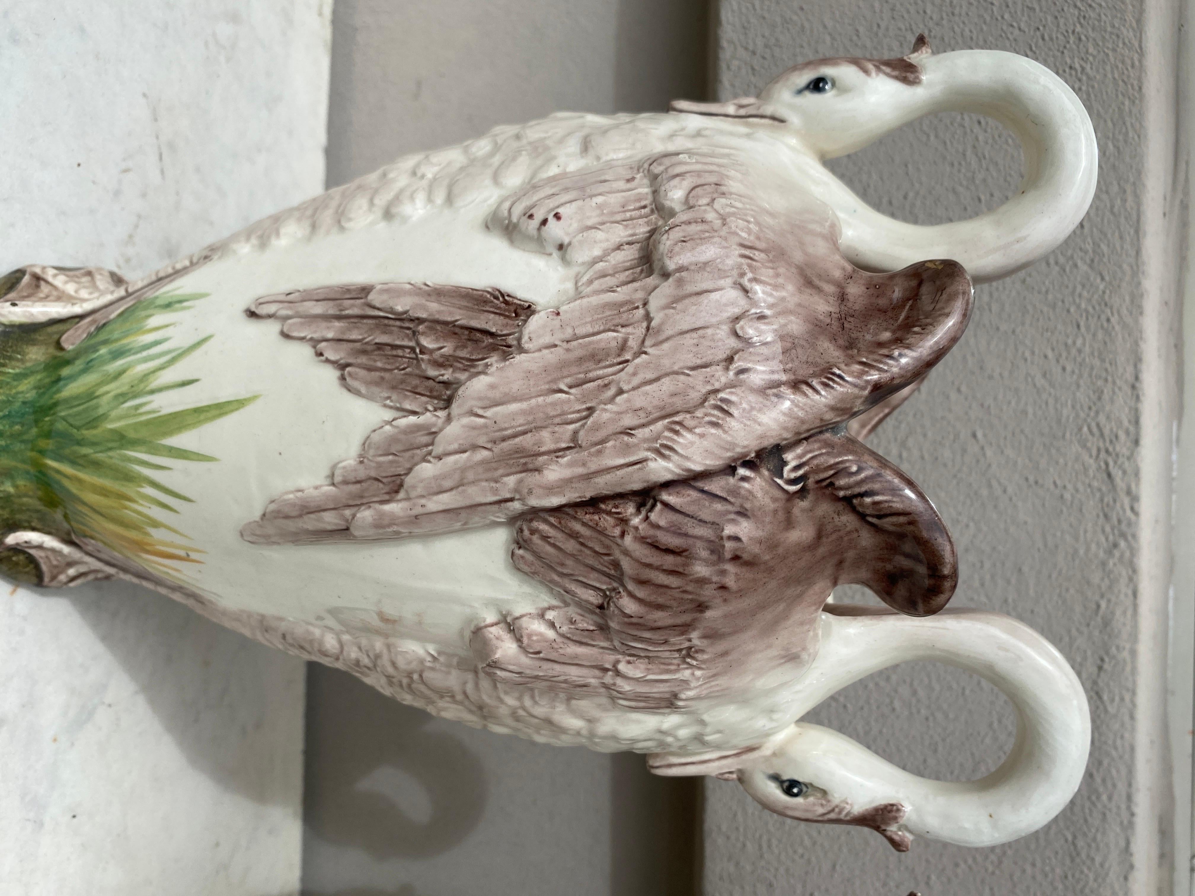 Art Nouveau Pair of French Majolica Swans Vase Delphin Massier, circa 1880 For Sale