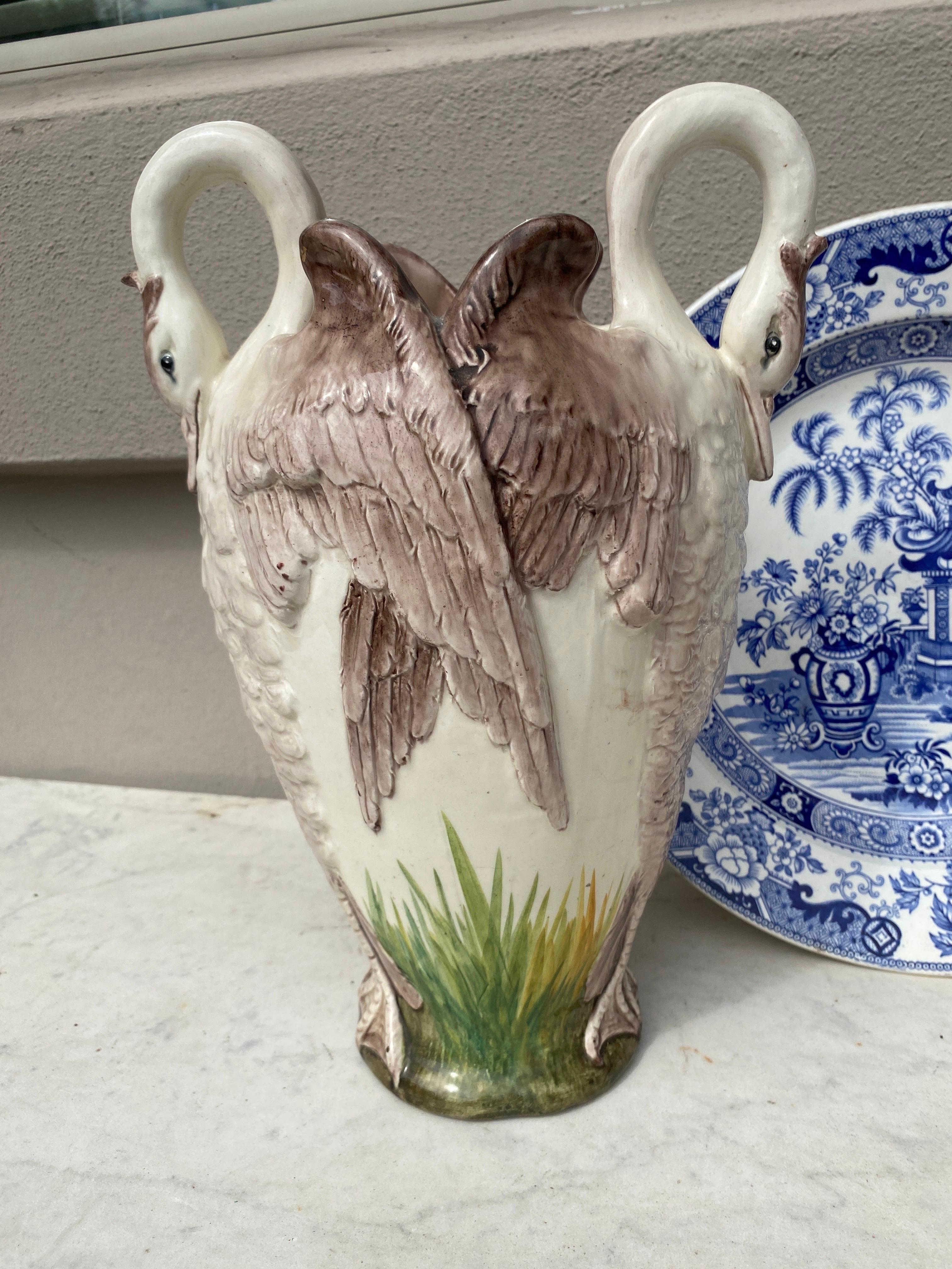 Pair of French Majolica Swans Vase Delphin Massier, circa 1880 In Good Condition For Sale In Austin, TX