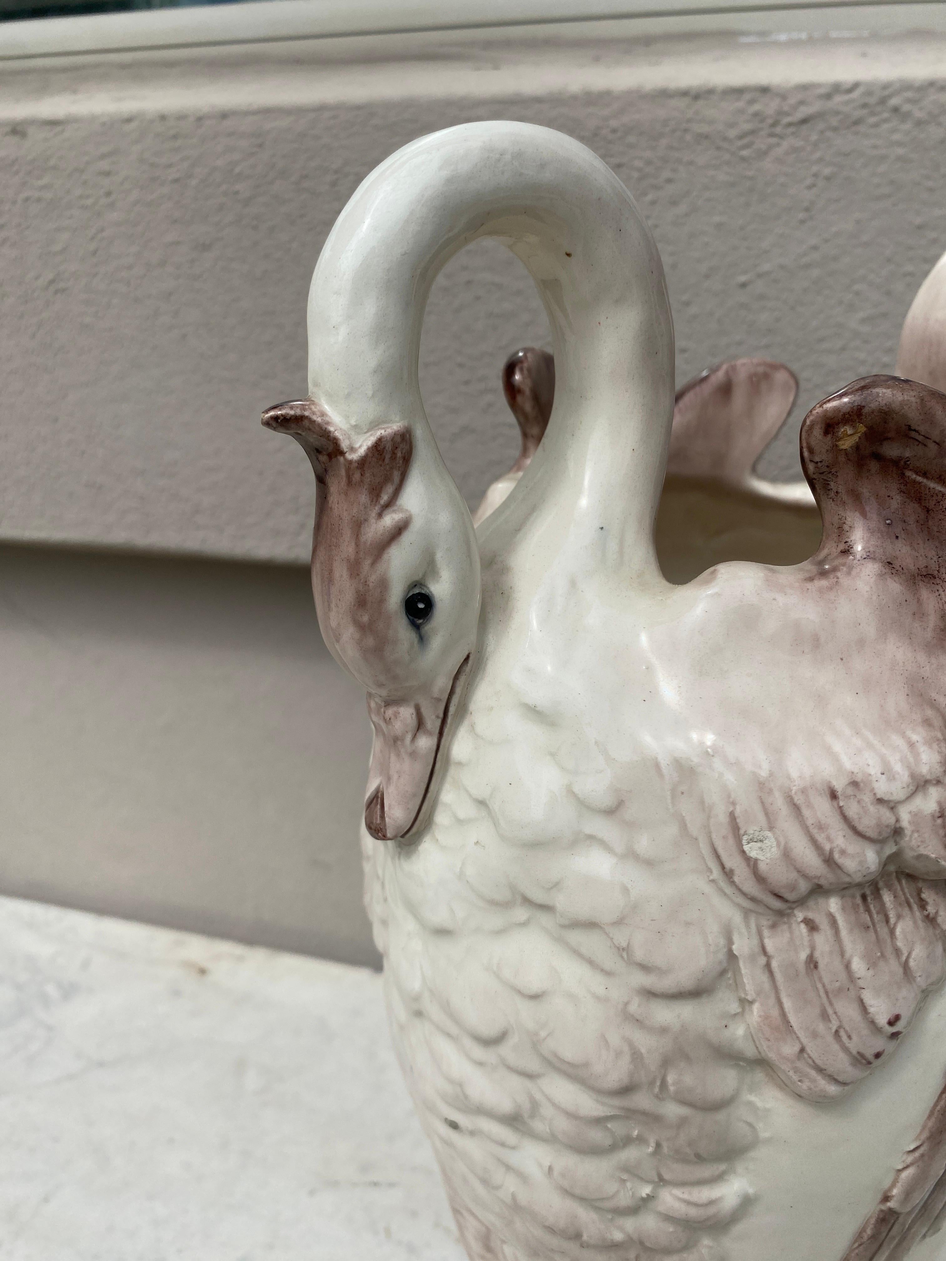 Late 19th Century Pair of French Majolica Swans Vase Delphin Massier, circa 1880 For Sale