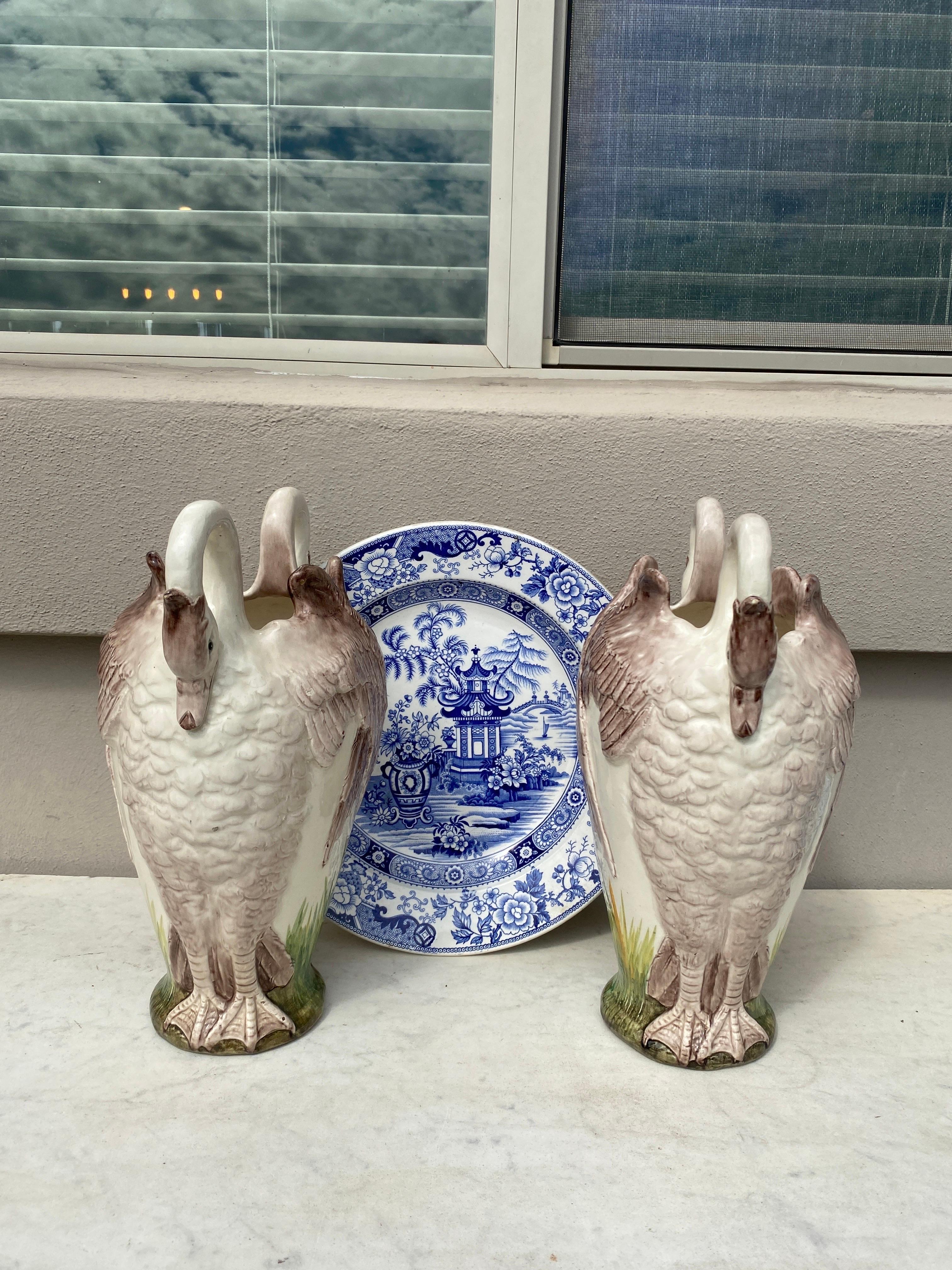 Ceramic Pair of French Majolica Swans Vase Delphin Massier, circa 1880 For Sale