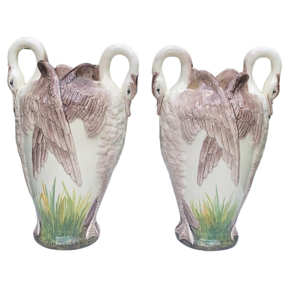 Pair of French Majolica Swans Vase Delphin Massier, circa 1880 For Sale