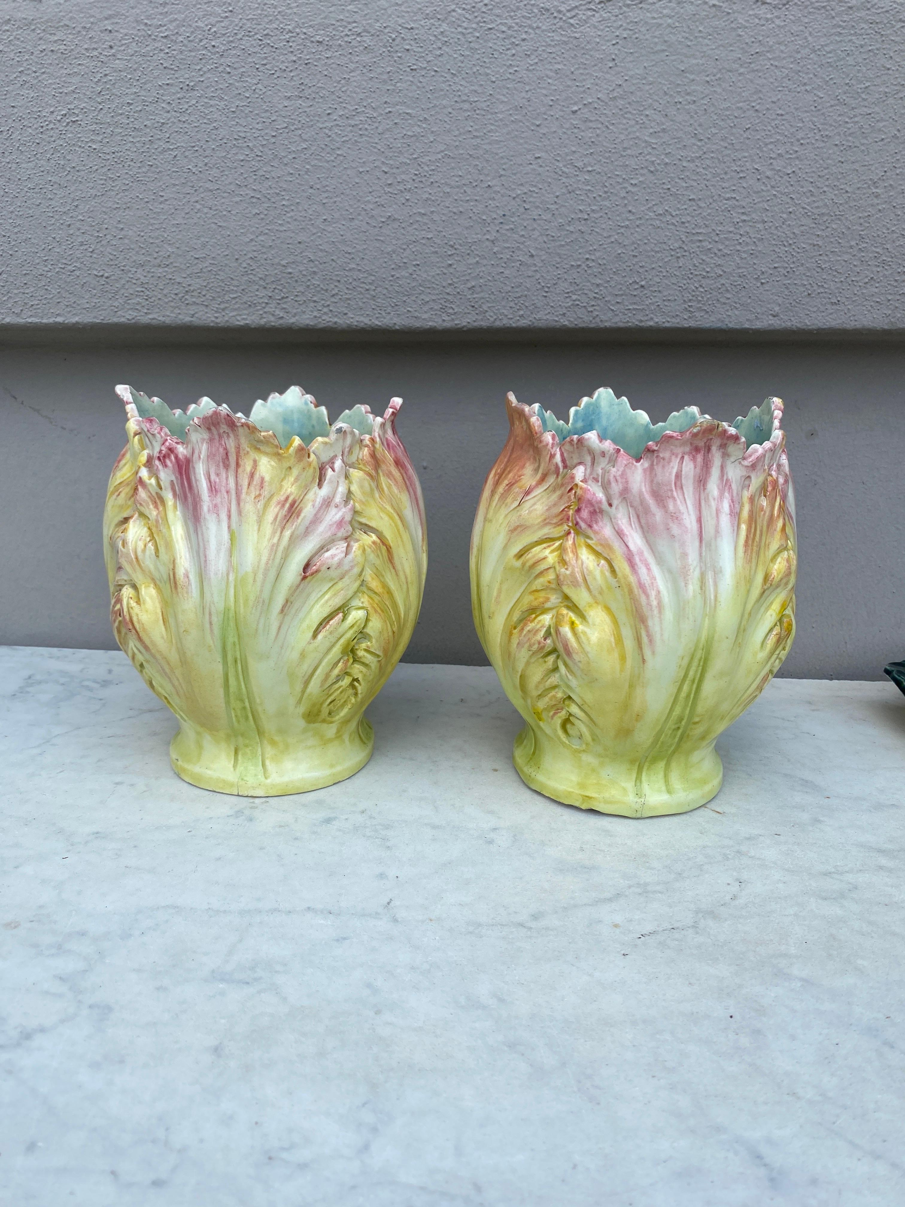 Art Nouveau Pair of French Majolica Tulip Vases Delphin Massier, circa 1900
