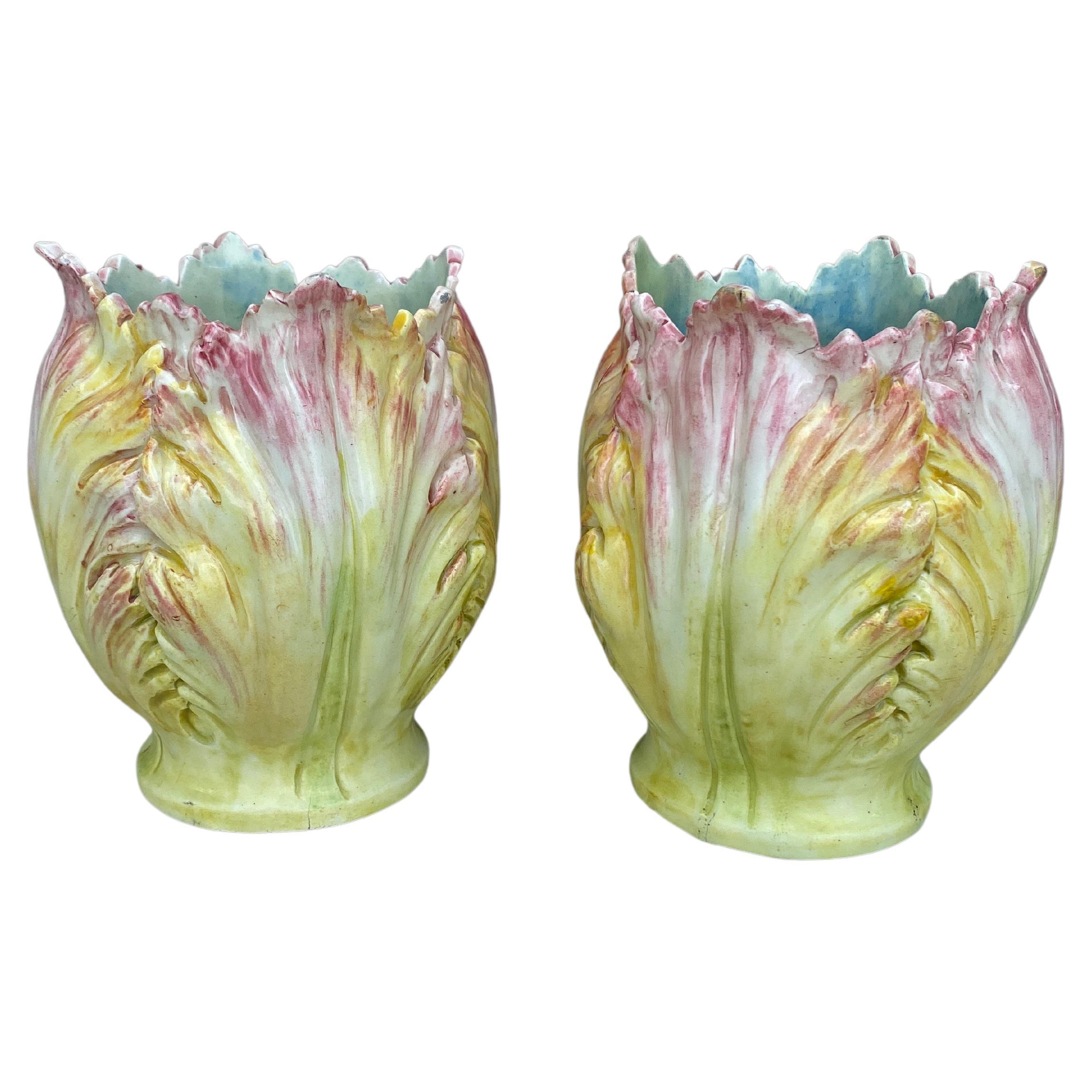 Pair of French Majolica Tulip Vases Delphin Massier, circa 1900