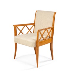 Pair of French Maple Lattice Beige Upholstered Armchairs