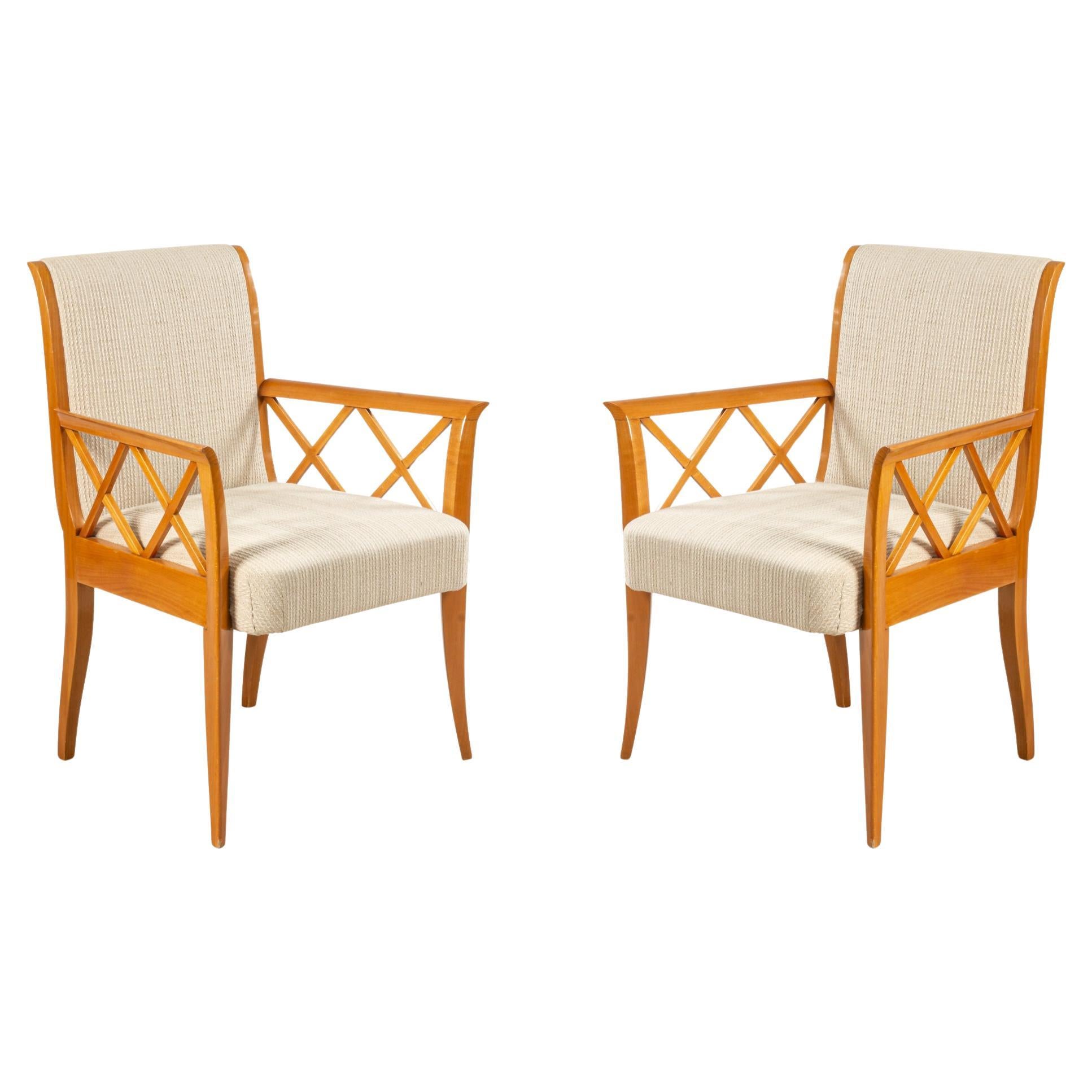 Pair of French Maple Lattice Beige Upholstered Armchairs