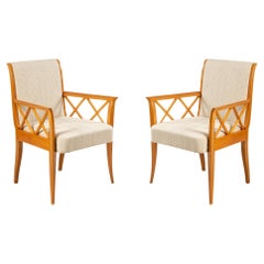 Pair of French Maple Lattice Beige Upholstered Armchairs