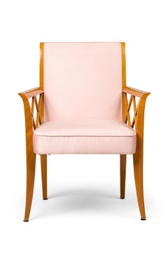 Pair of French Maple Lattice Pink Upholstered Arm Chairs
