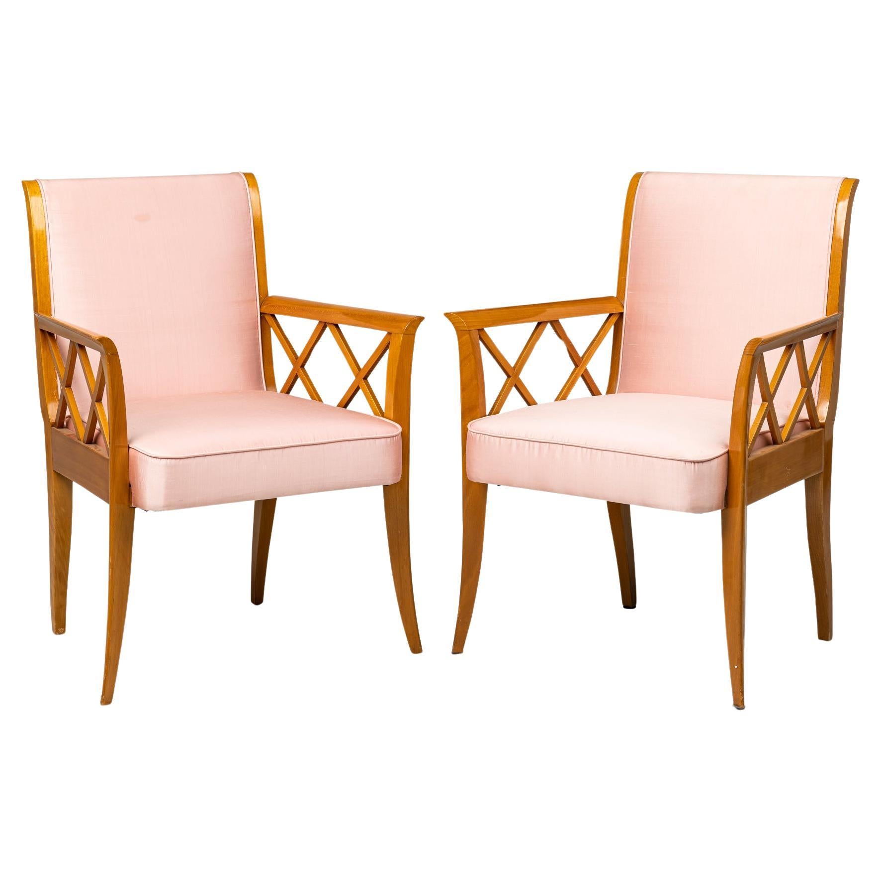 Pair of French Maple Lattice Pink Upholstered Arm Chairs
