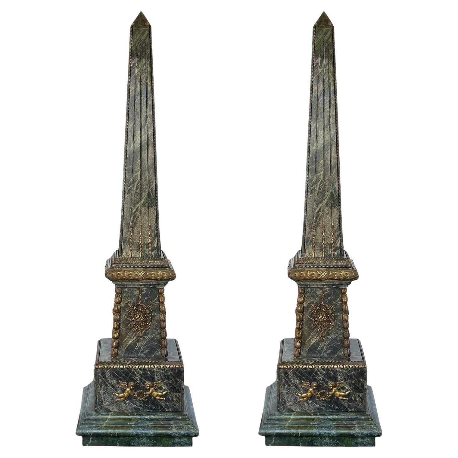 Pair of French Marble and Bronze Obelisks, c. 1900's For Sale