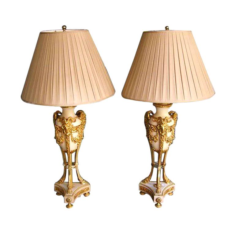 Pair of French Cassolettes Marble and Ormolu Bronze Table Lamps.  Circa 1810