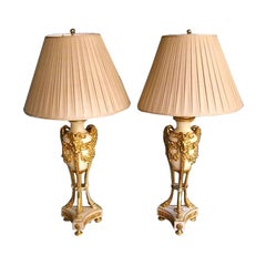 Pareja de Lámparas de Mesa Francesas Cassolettes de Mármol y Cabeza de Carnero de Bronce Ormolu C 1810