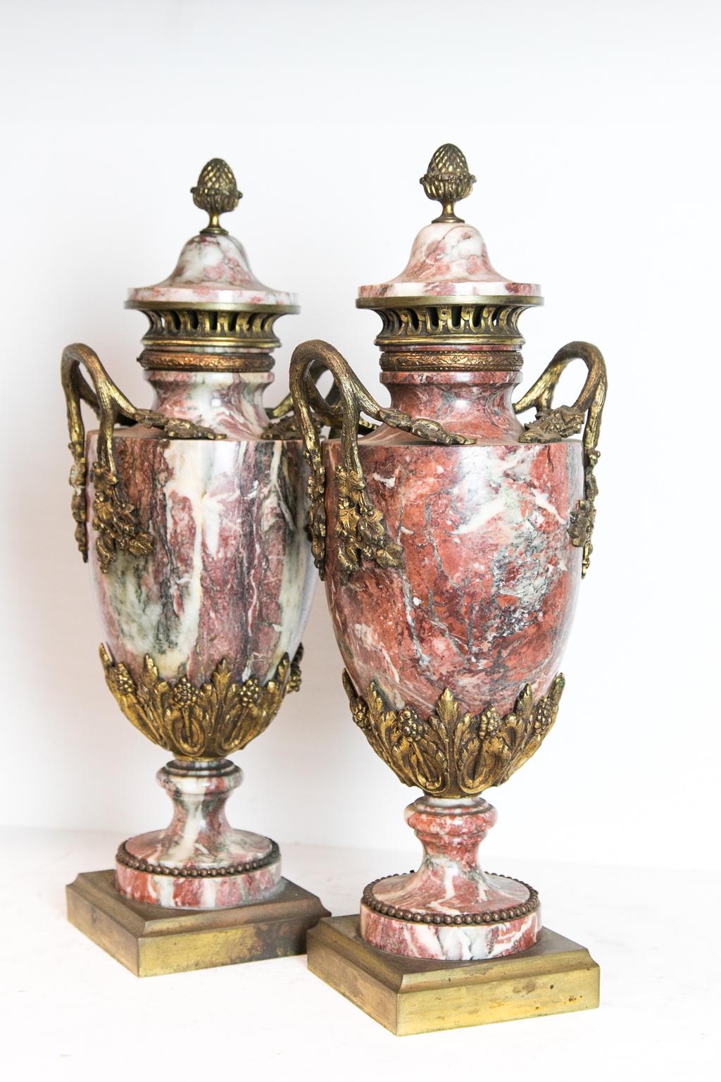 Brass Pair of French Marble and Ormolu Cassolettes For Sale