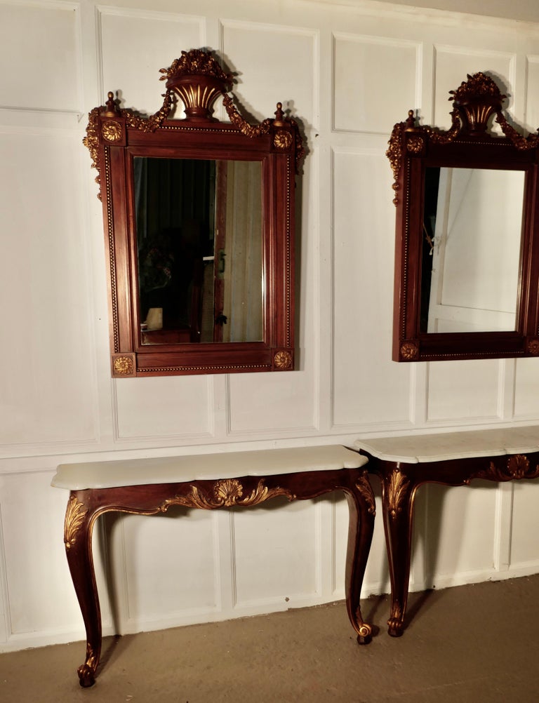 Pair of French Marble-Top Console Tables with Mirrors For Sale 9