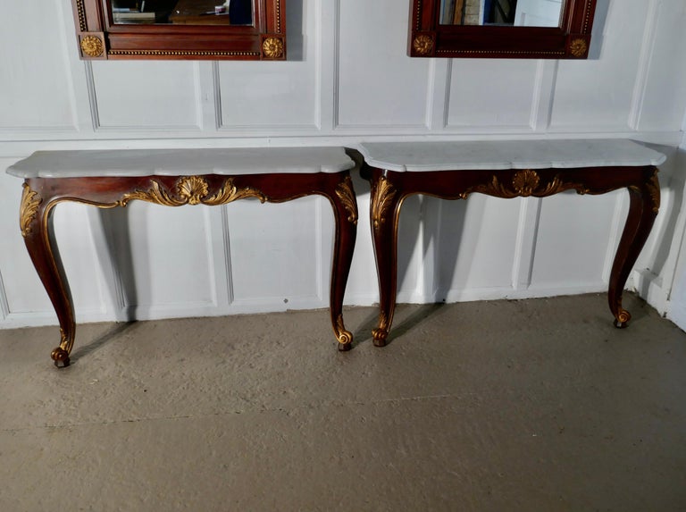 French Provincial Pair of French Marble-Top Console Tables with Mirrors For Sale
