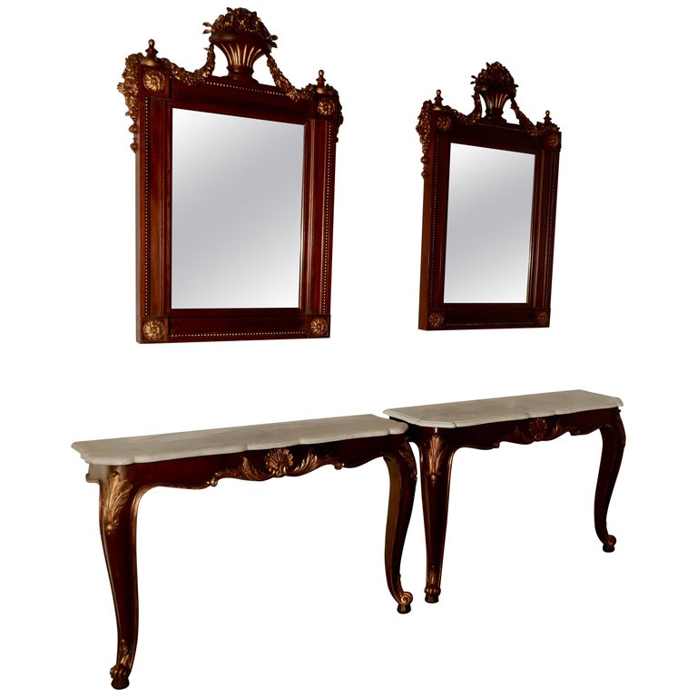 Pair of French Marble-Top Console Tables with Mirrors For Sale