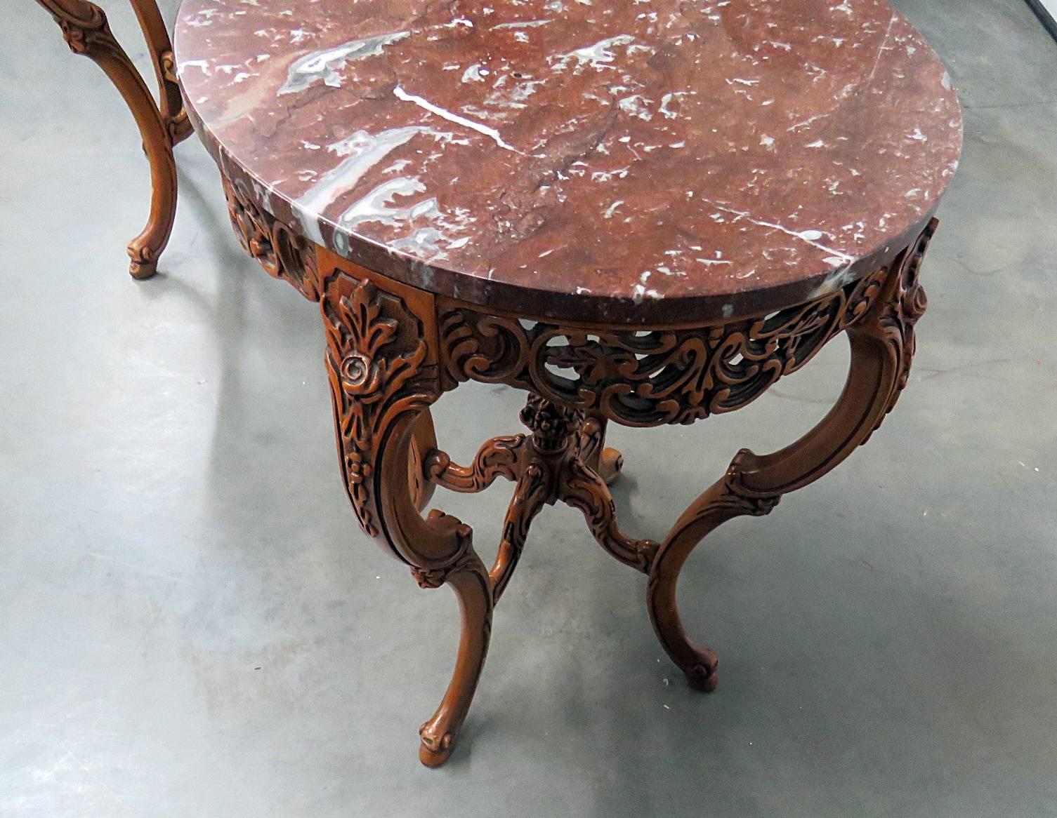 Pair of French Louis XV Carved Walnut Tall Marble-Top End Tables In Good Condition In Swedesboro, NJ
