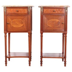 Antique Pair of French Marble Top Inlaid Mahogany Nightstands
