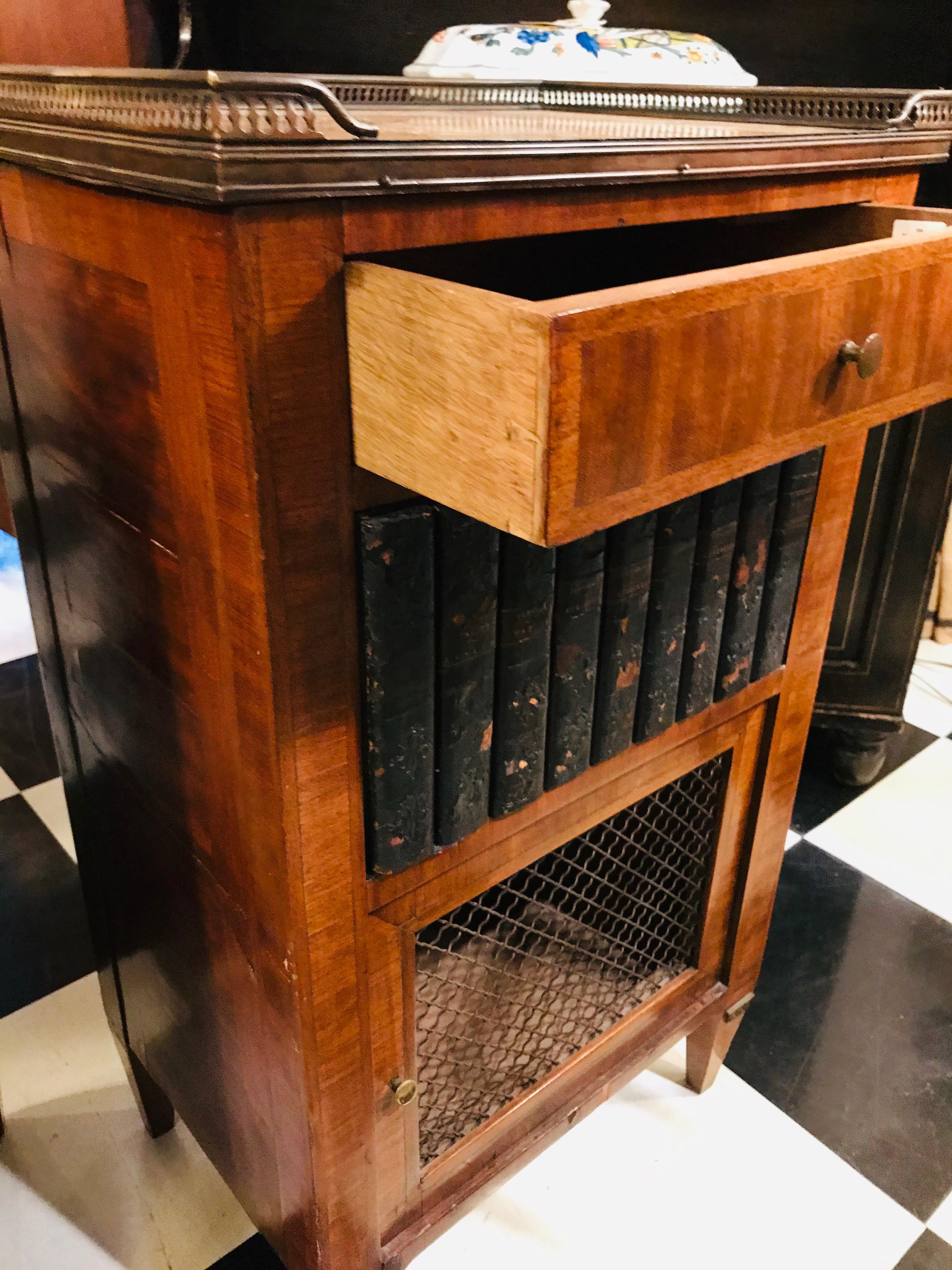 19th Century Pair of French Marble Top Library Themed Side Cabinets