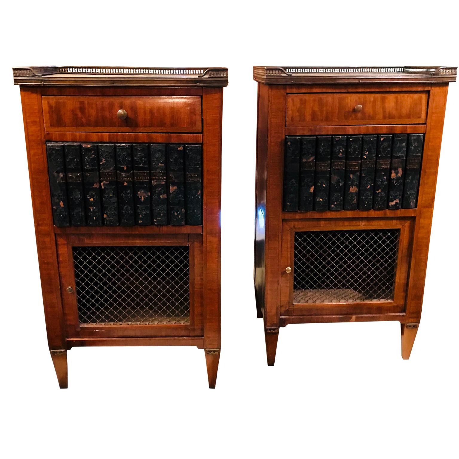 Pair of French Marble Top Library Themed Side Cabinets