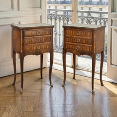 Pair of French Marble Top Marquetry Side Tables ~ Nightstands