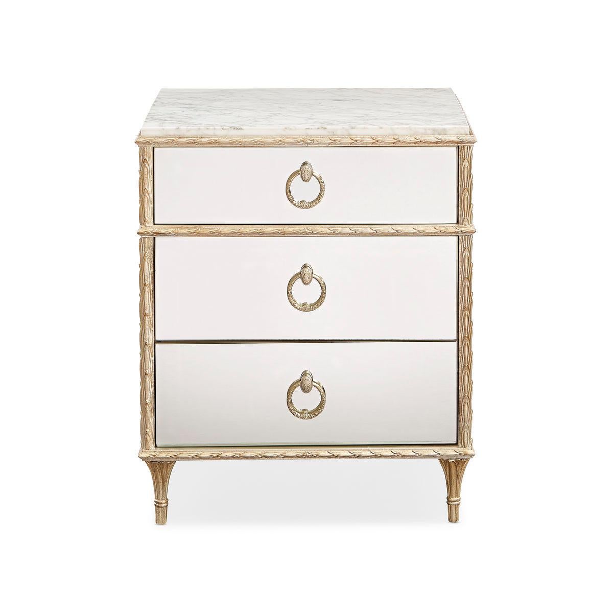 Vietnamese Pair of French Marble Top Nightstands - Gold For Sale