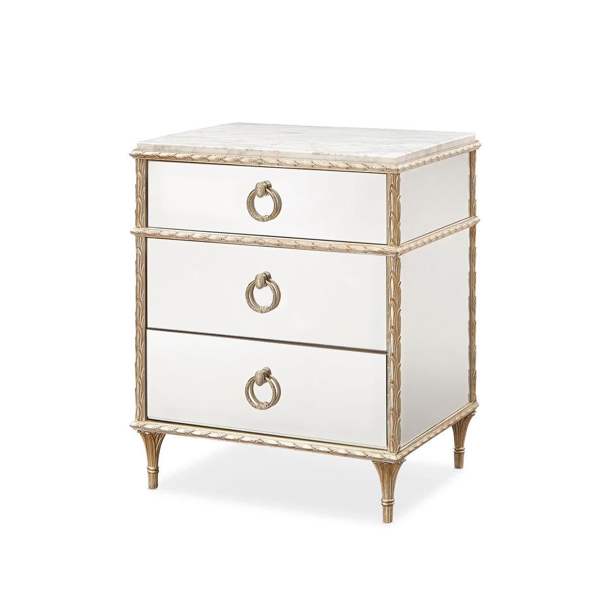 Contemporary Pair of French Marble Top Nightstands - Gold For Sale