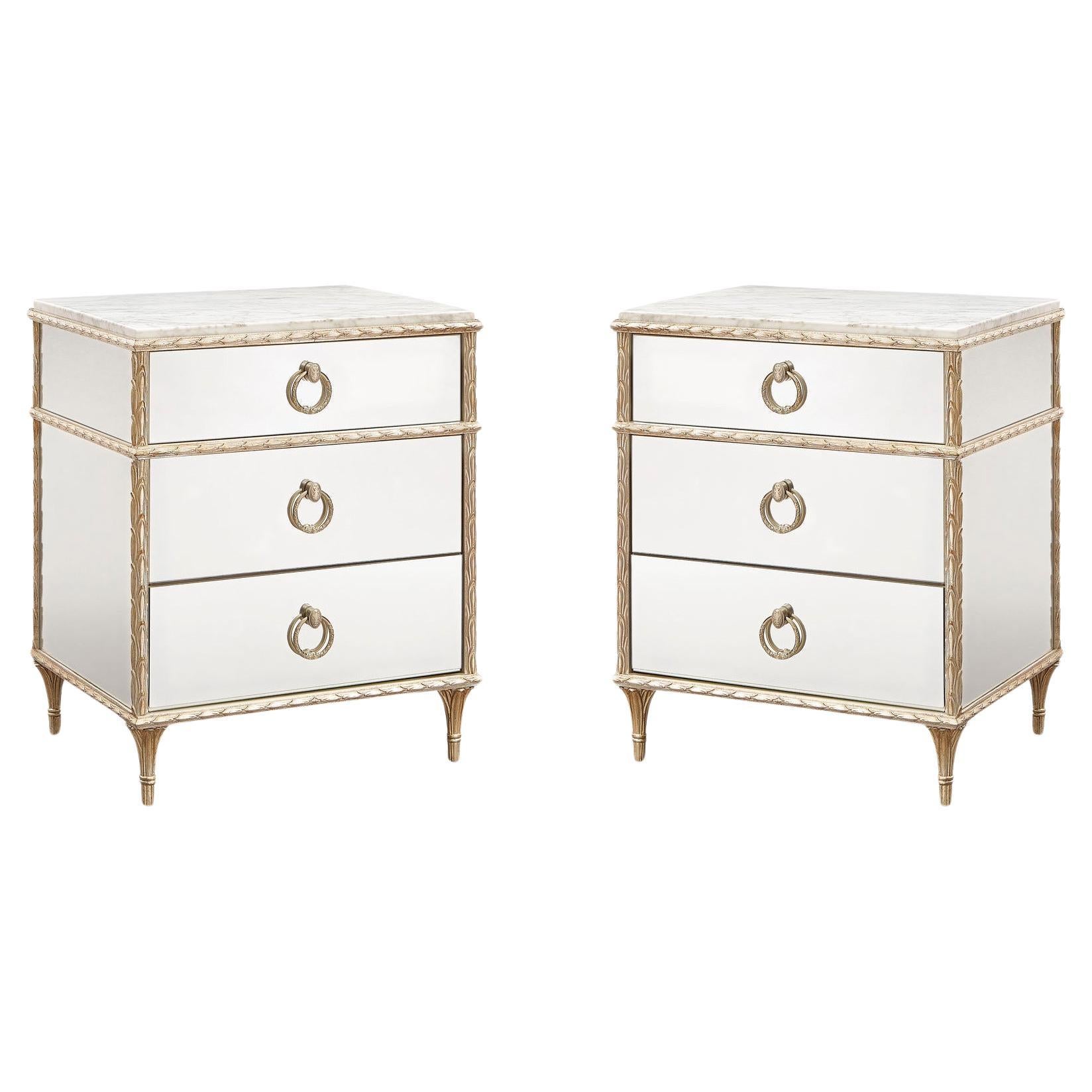 Pair of French Marble Top Nightstands - Gold For Sale