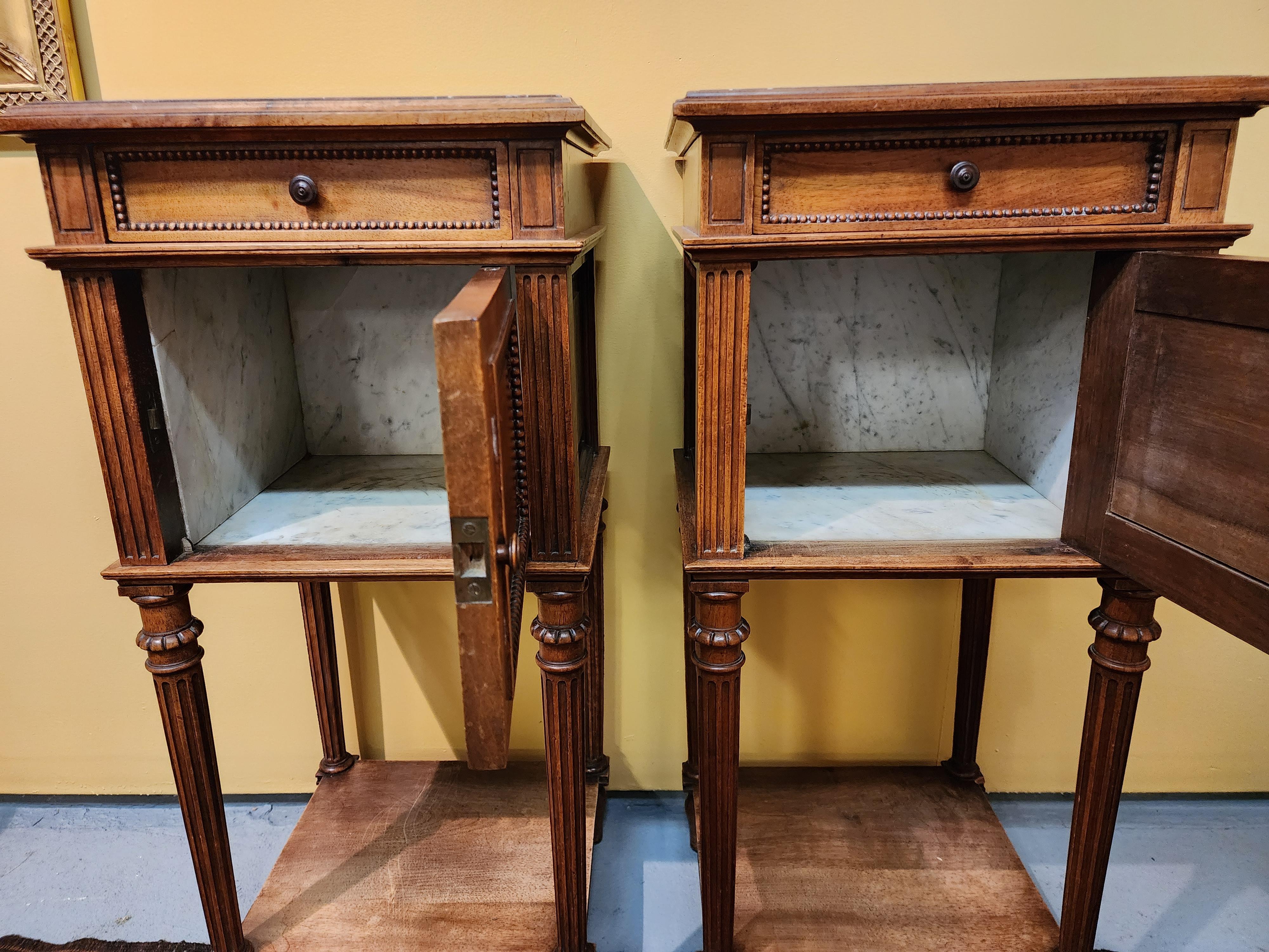 Wood Pair of French Marble Toped Louis Philippe Nightstands