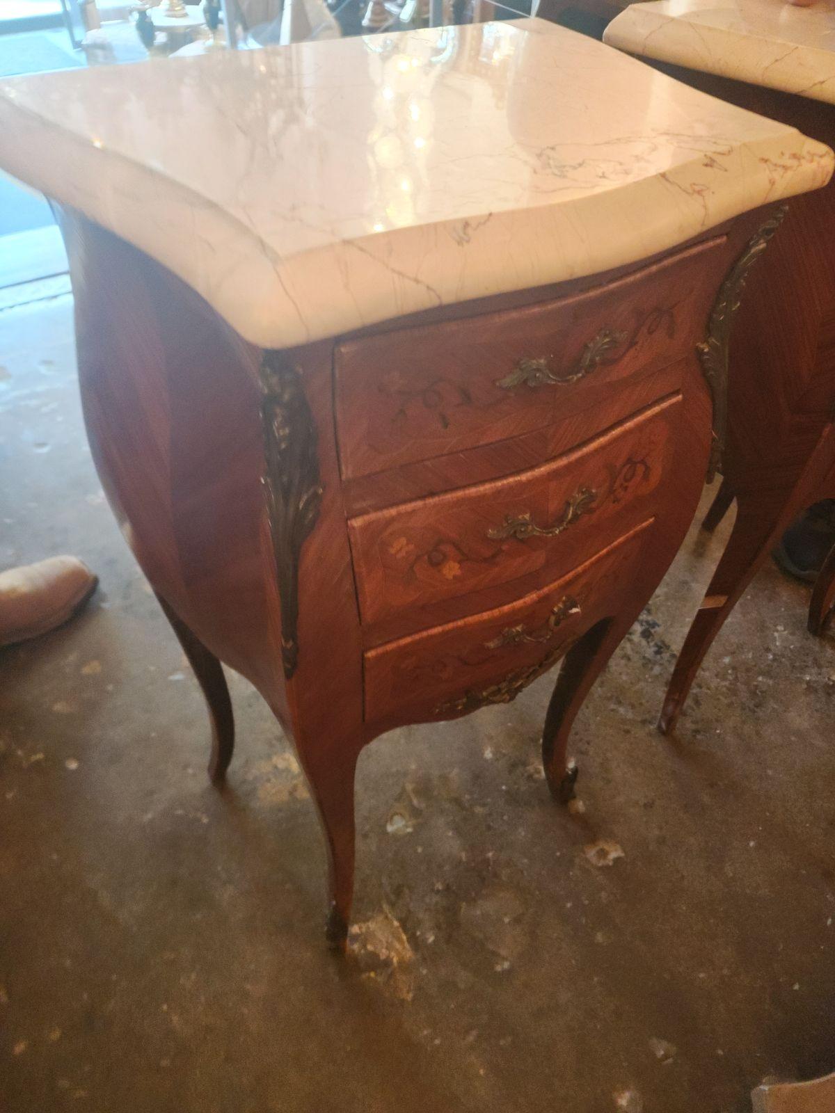 Pair Of French Louis XV Style Beige Marble Top Night Stands Beautiful Shape With Molded Edges, Gilt Metal Mounts, And Elegant Legs With French Bracket Feet.