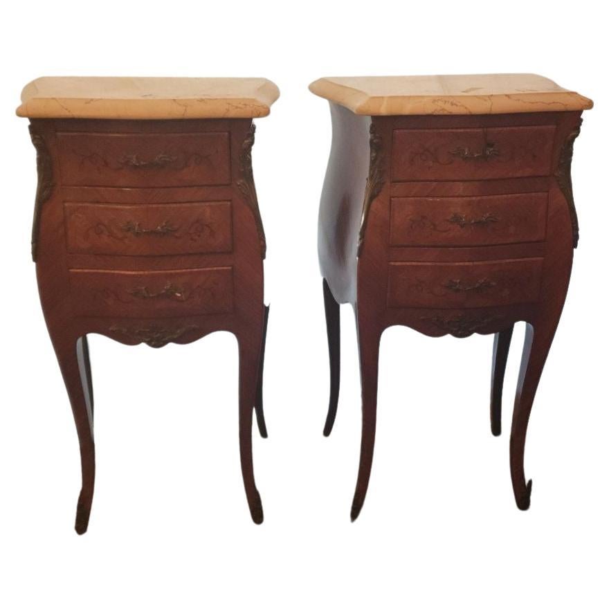 Pair Of French Marble Topped Lous XV Night Stands  For Sale