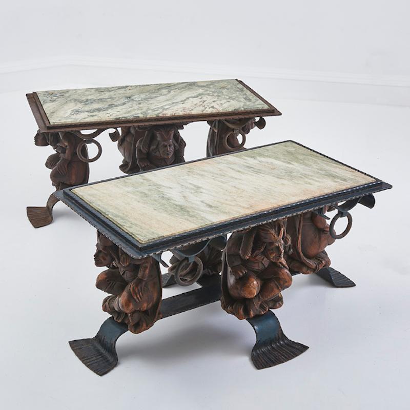 An exquisite and rare pair of 1950s French marble-topped tables designed by the renowned French designer Jean-Maurice Rothschild (1902–1998). 

Rothschild, celebrated for his sophisticated craftsmanship, studied at the prestigious École Boulle in