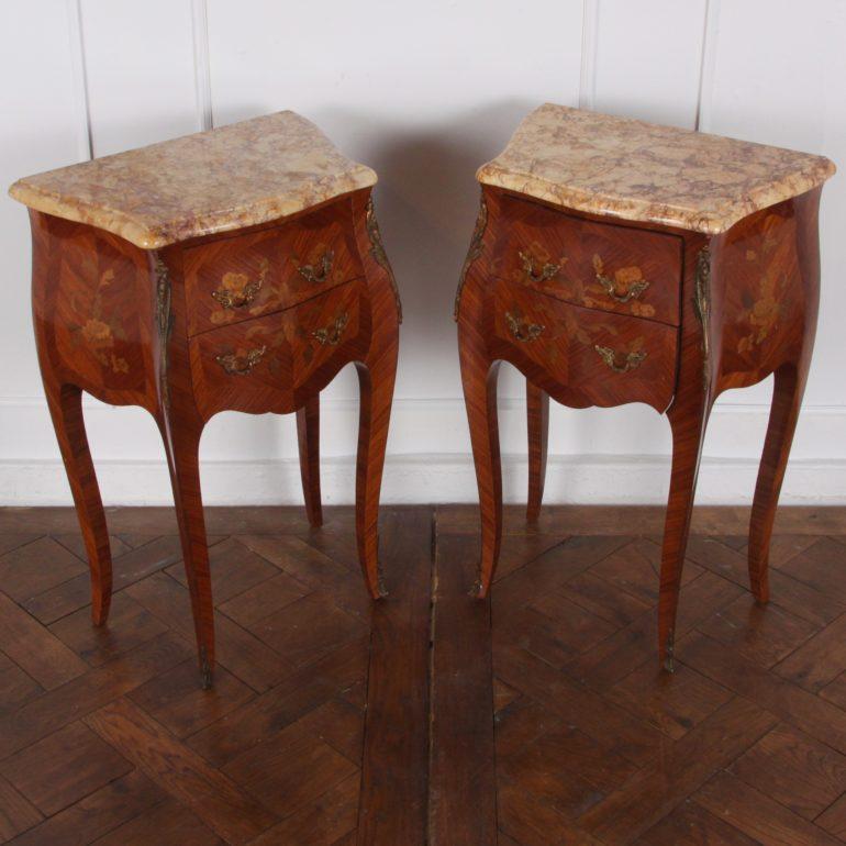 Brass Pair of French Marquetry Bedside Commodes