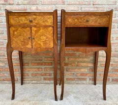 Pair of French Marquetry Bedside Tables with Drawer and Cabinet, 1940s