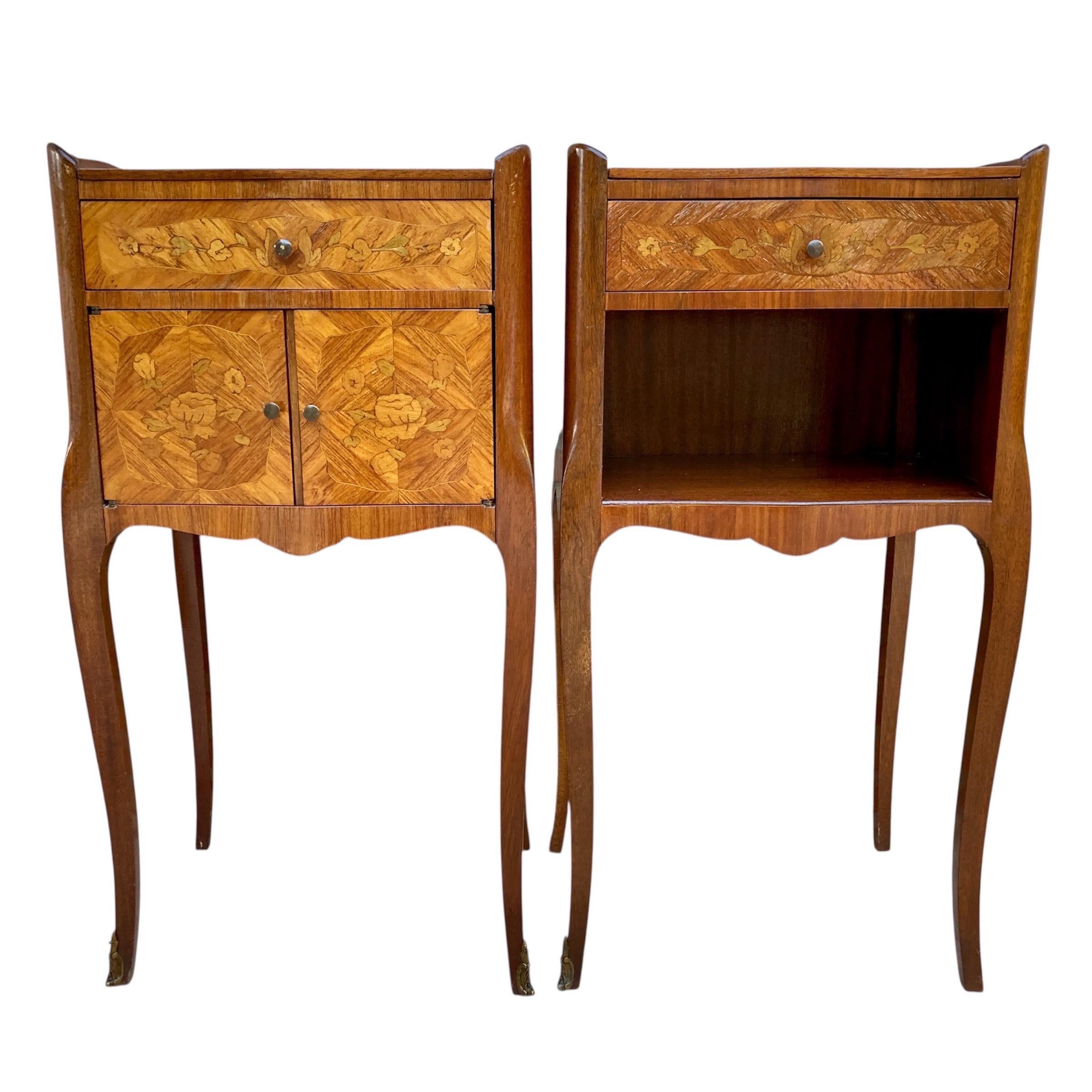 Pair of French Marquetry Bedside Tables with Drawer and Cabinet, 1940s