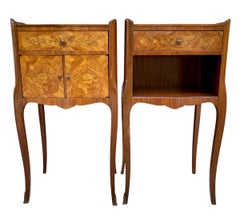 Pair of French Marquetry Bedside Tables with Drawer and Cabinet, 1940s