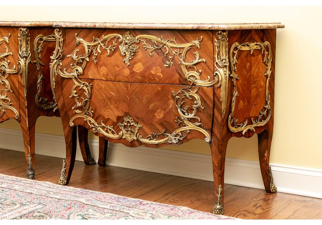 Pair Of French Marquetry Bombe Commodes With Specimen Marble Tops For Sale 8