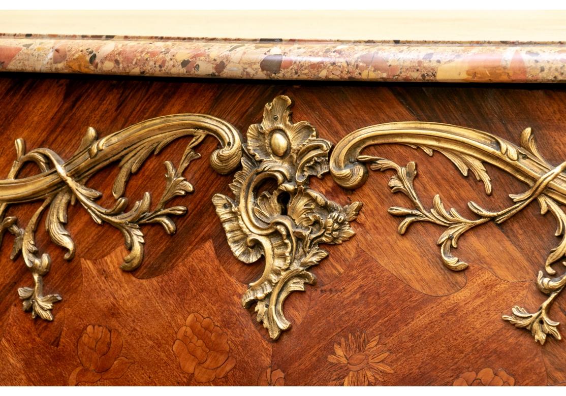 Louis XV Pair Of French Marquetry Bombe Commodes With Specimen Marble Tops For Sale