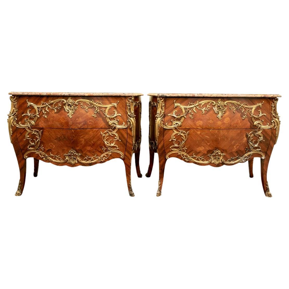 Pair Of French Marquetry Bombe Commodes With Specimen Marble Tops For Sale