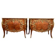 Antique Pair Of French Marquetry Bombe Commodes With Specimen Marble Tops