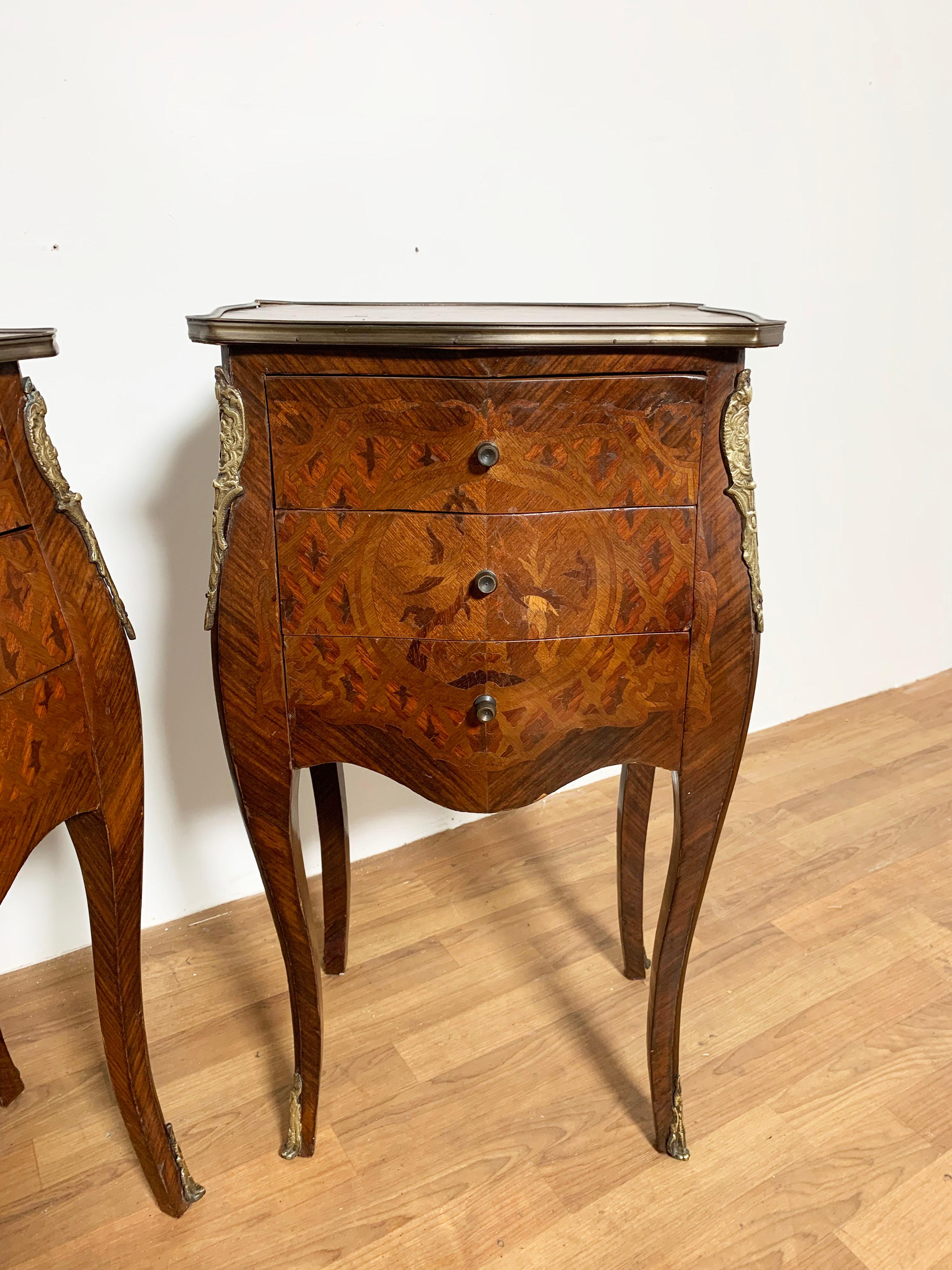Louis XIV Pair of French Marquetry Commodes or Side Table Chests, Ca. 1930s