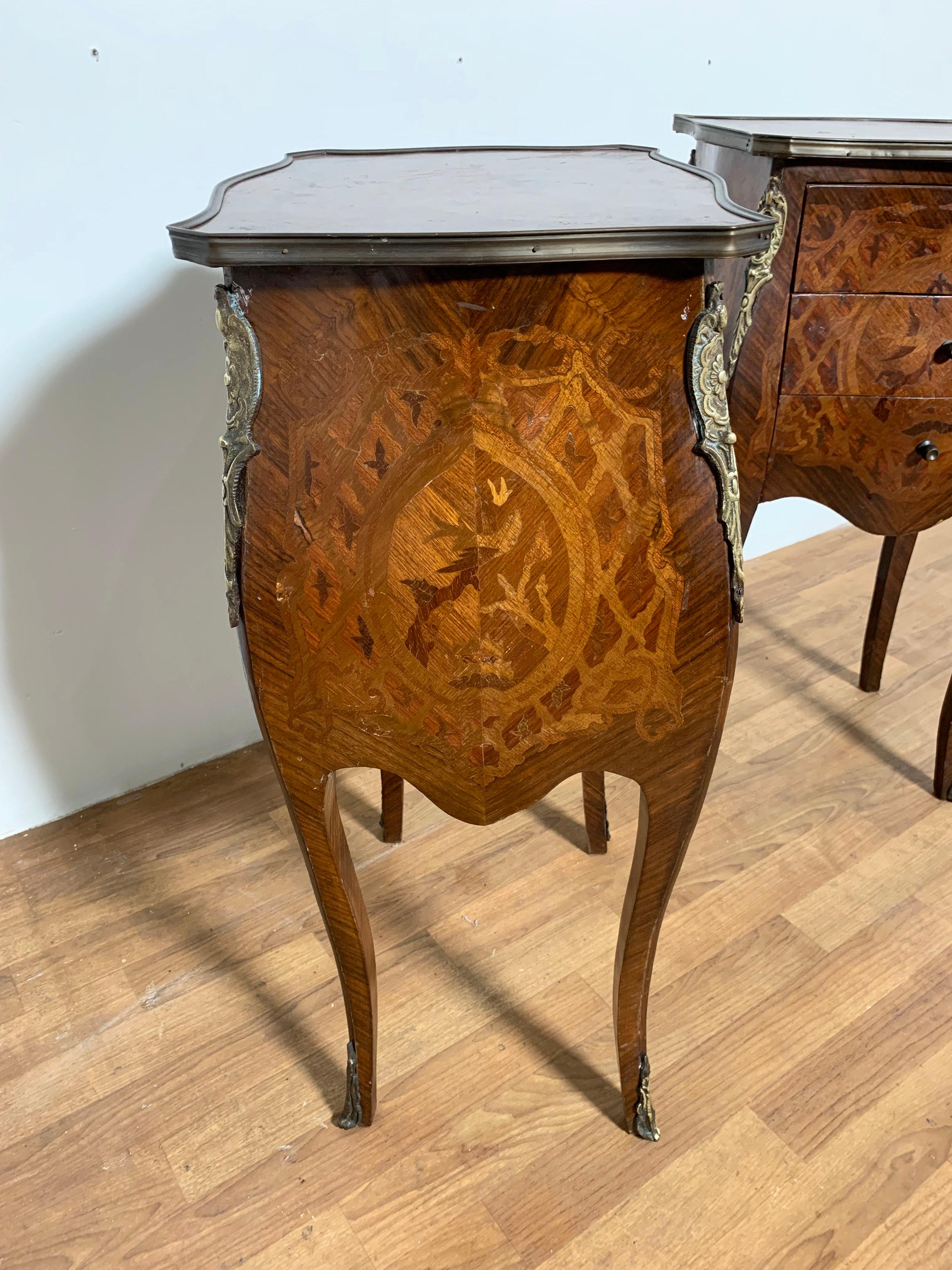Pair of French Marquetry Commodes or Side Table Chests, Ca. 1930s 2