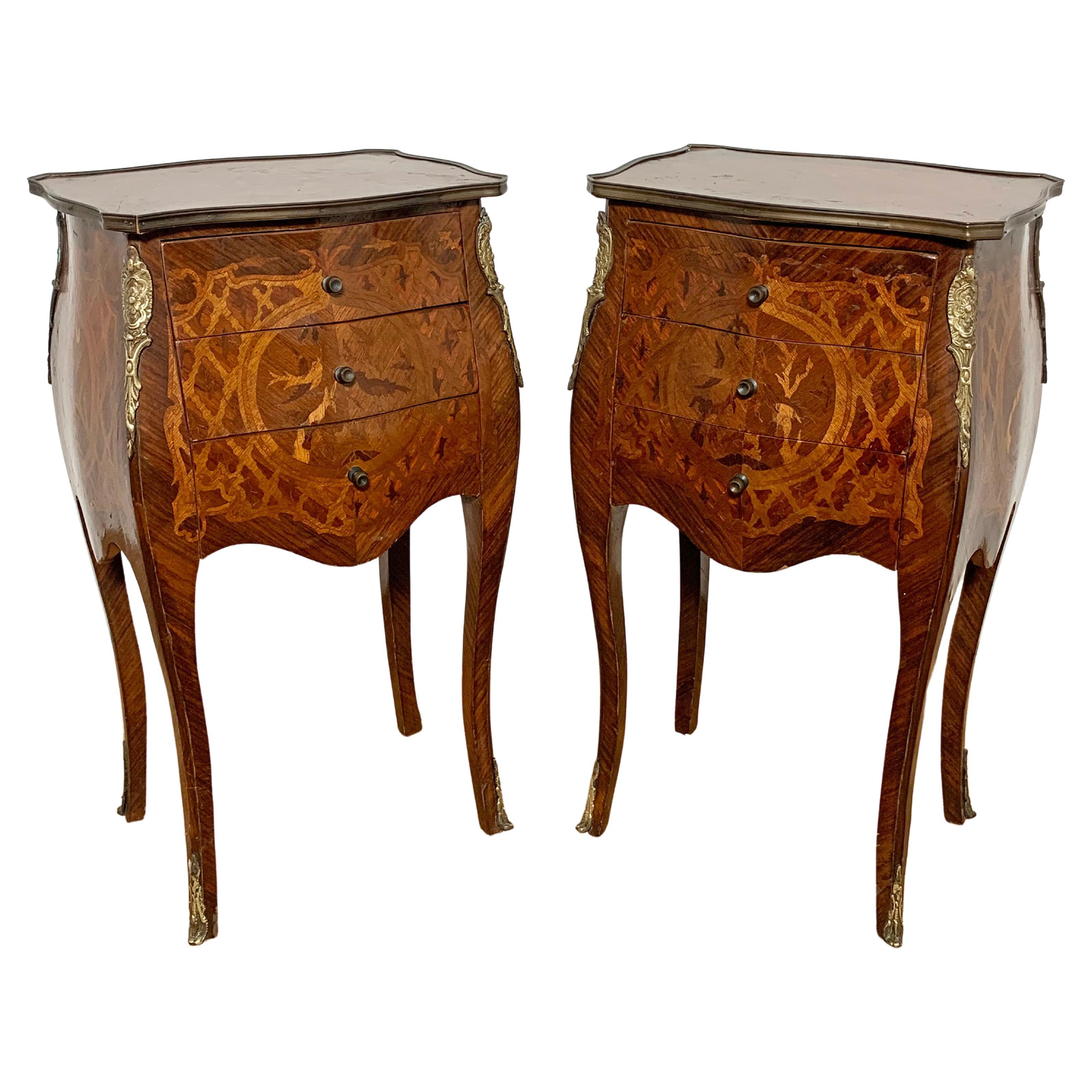 Pair of French Marquetry Commodes or Side Table Chests, Ca. 1930s