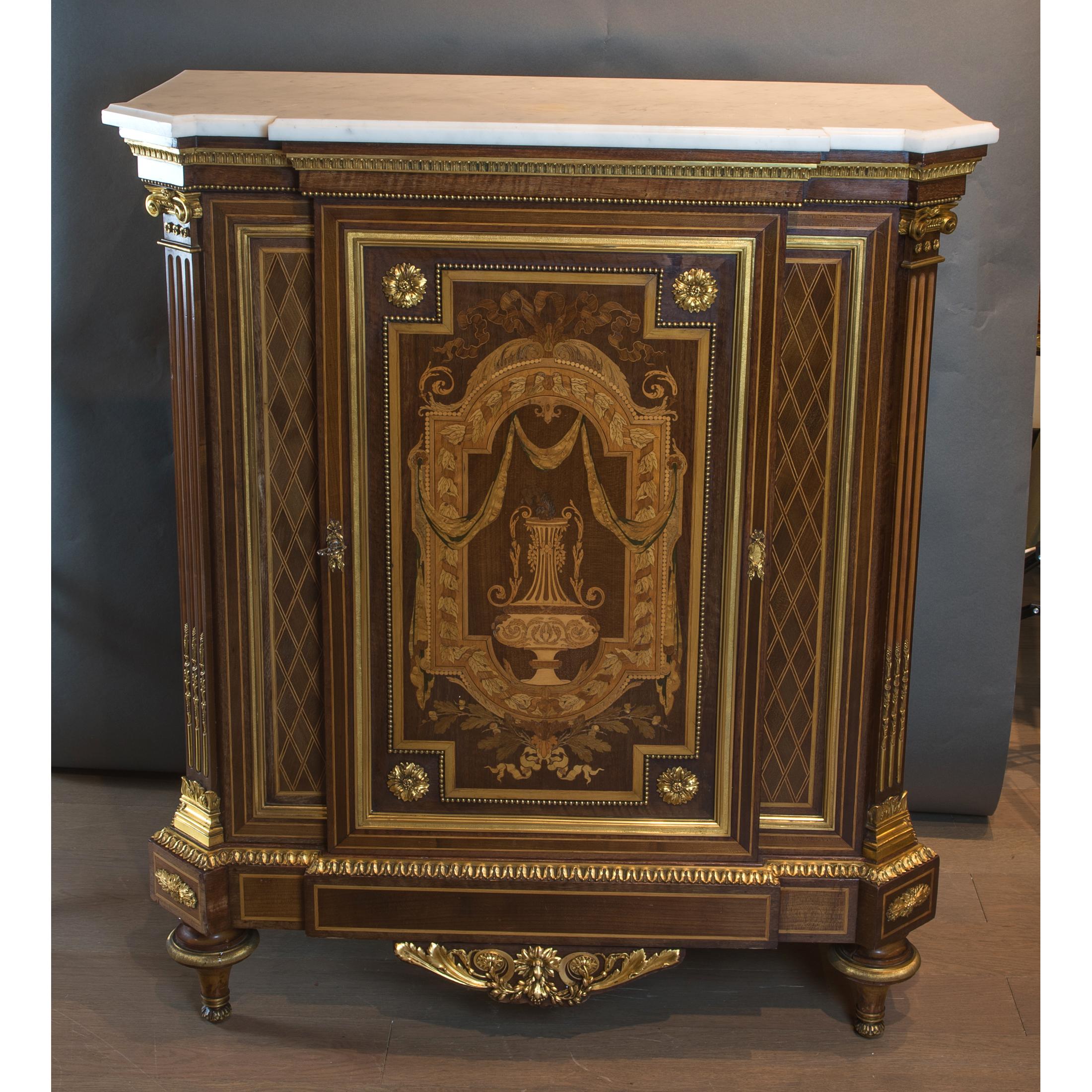 Louis XVI Pair of French Marquetry Fruitwood Marble-Top Commodes For Sale