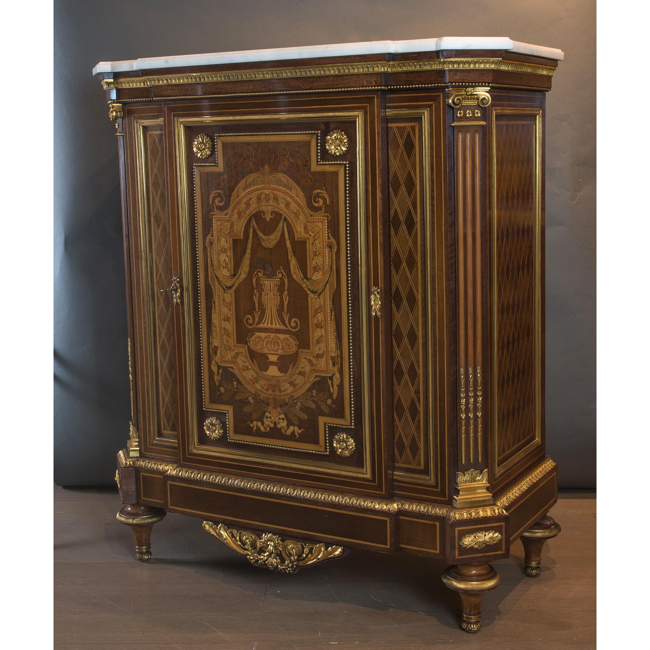 Gilt Pair of French Marquetry Fruitwood Marble-Top Commodes For Sale