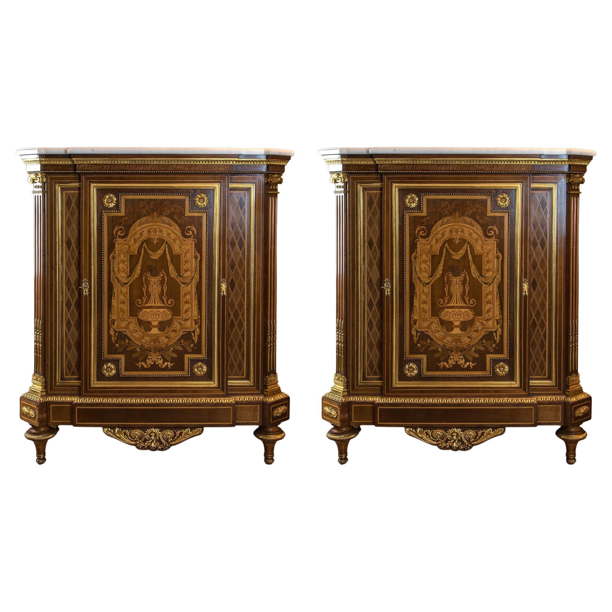 Pair of French Marquetry Fruitwood Marble-Top Commodes For Sale