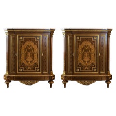 Pair of French Marquetry Fruitwood Marble-Top Commodes